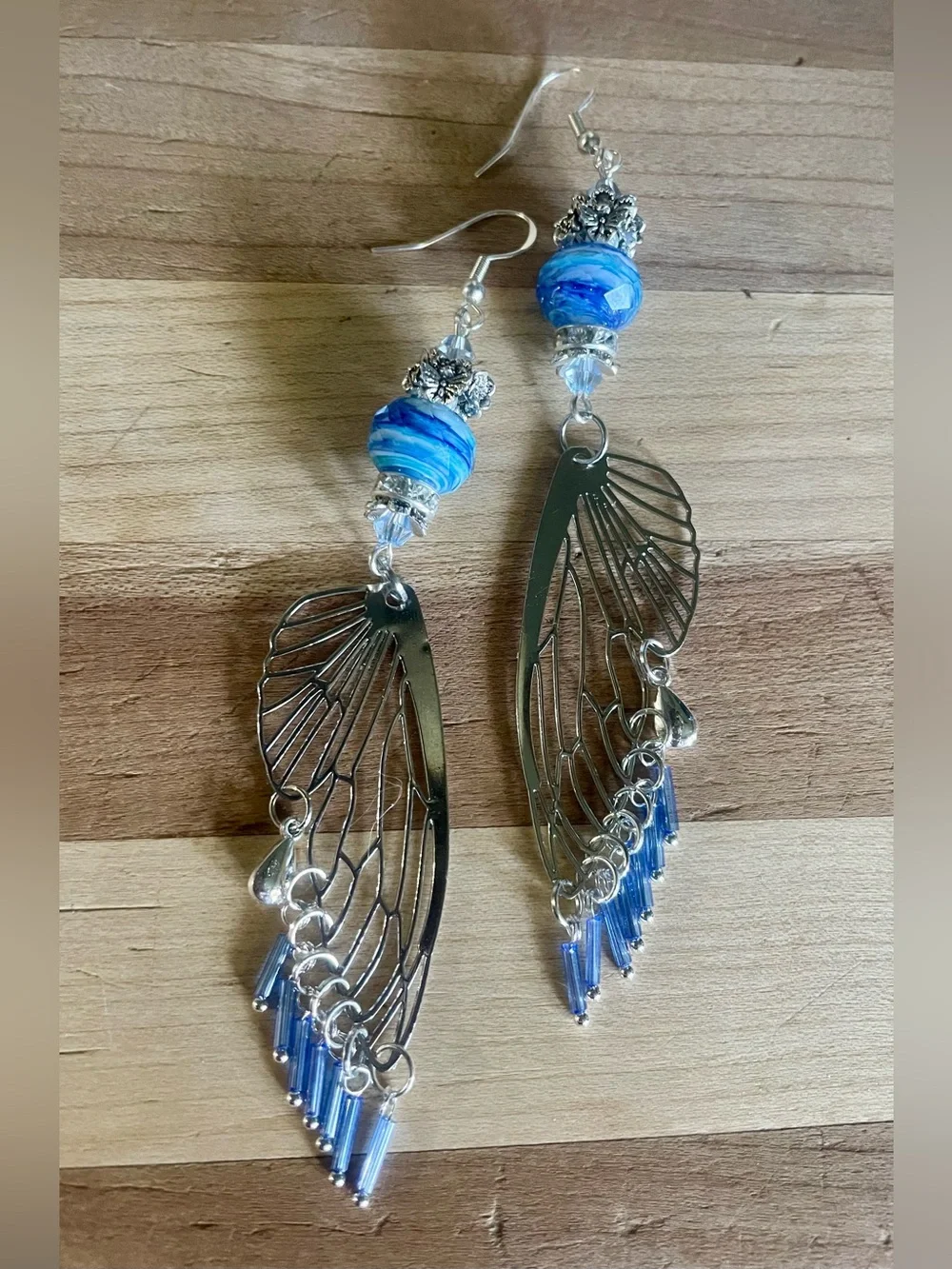 Starry Night Silver Wing Dangle Earrings - Picture 3 of 8